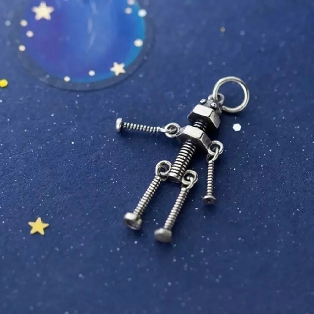 925 Sterling Silver Vintage Screw Robot Pendant Necklace